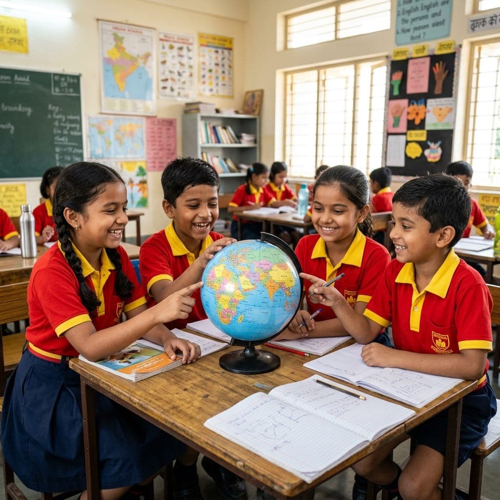 Students examining globe at Divine Public School